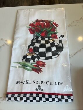 MacKenzie-Childs Black & White Check Teapot Towel with Red Tulips